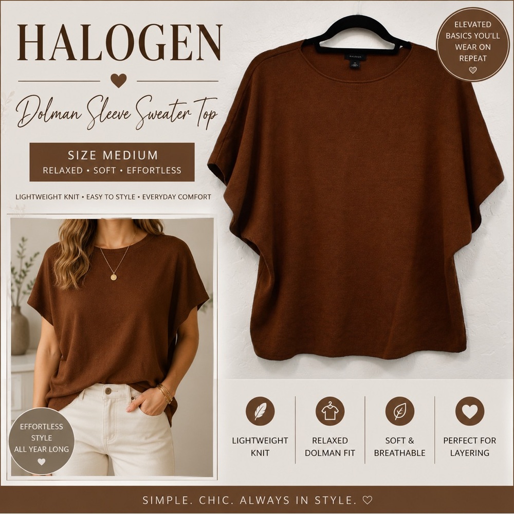 Halogen Brown Dolman Sleeve Sweater Top Size M Lightweight Knit Relaxed Fit
